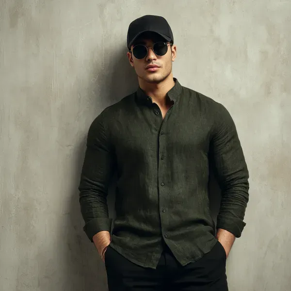 The_Essential_Dark_Green_Pure_100_Linen_Mandarin_Collar_Shirt_For_Men_S