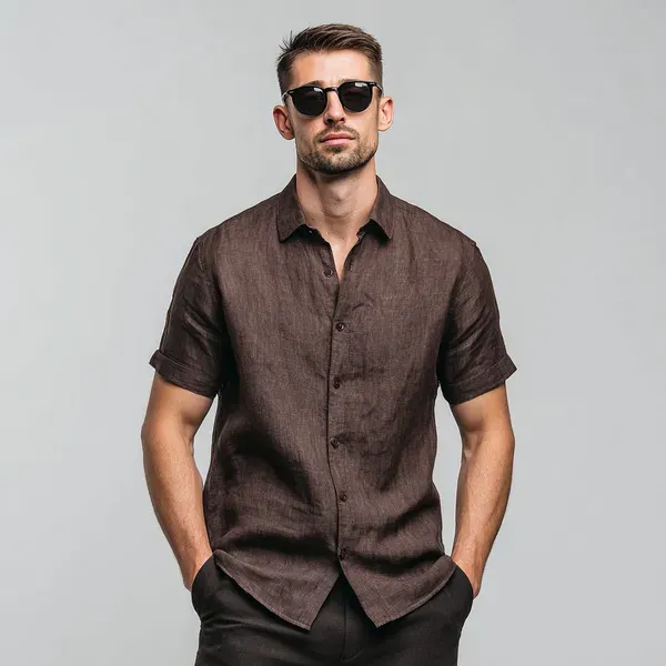 Light_Breezy_Dark_Brown_Half_Sleeve_Linen_Shirt_Men