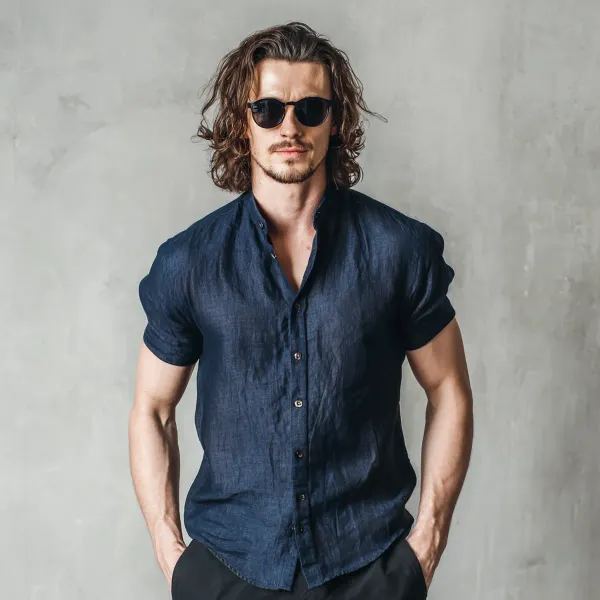 The_Versatile_Dark_Navy_Blue_Half_Sleeve_Linen_Shirt_For_Men
