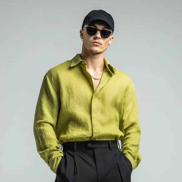 Stitchwa_Men_S_Fluorescent_Green_Pure_Linen_Shirt
