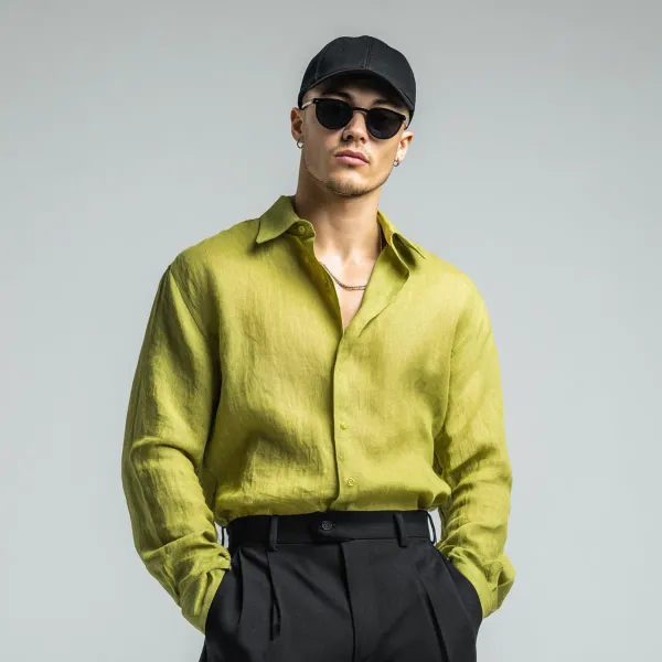 Stitchwa_Men_S_Fluorescent_Green_Pure_Linen_Shirt