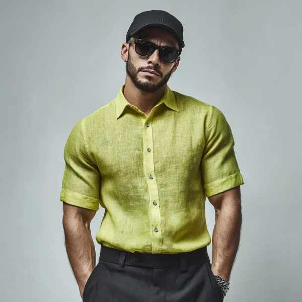Classic_Light_Green_Pure_Linen_Half_Sleeve_Shirt_For_Men_S