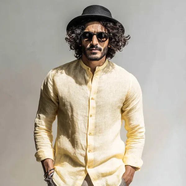 Signature_Lemon_Yellow_100_Pure_Linen_Mandarin_Collar_Shirt