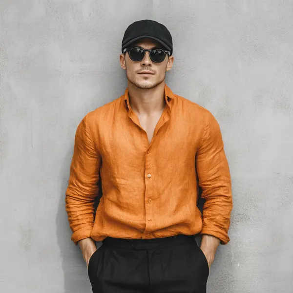Signature_Ochre_Orange_Gray_100_Pure_Linen_Shirt