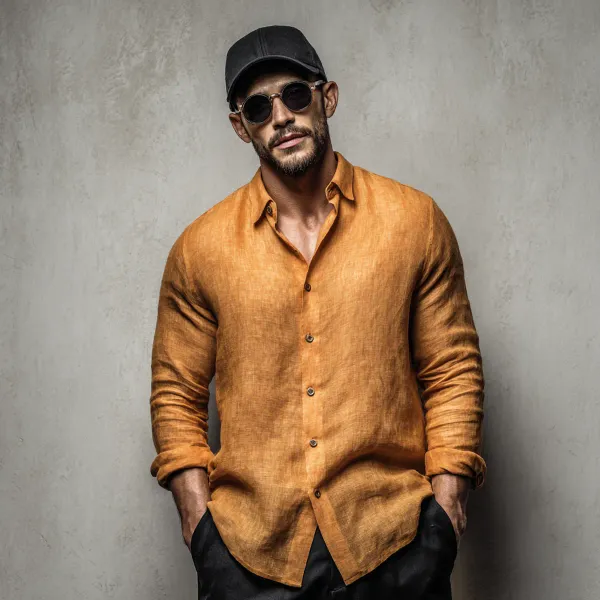 Stitchwa_Men_S_Burnt_Orange_Yellow_Pure_100_Linen_Shirt