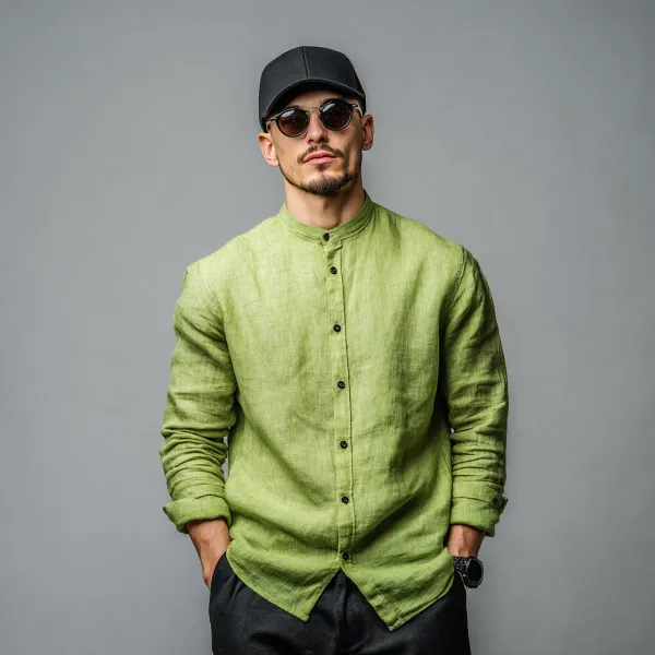 Classic_Light_Green_Pure_Linen_Mandarin_Collar_Shirt_For_Men_S