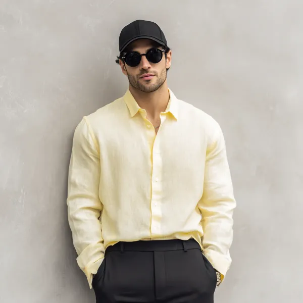 Stitchwa_Men_S_Buttercup_Yellow_Pure_100_Linen_Shirt