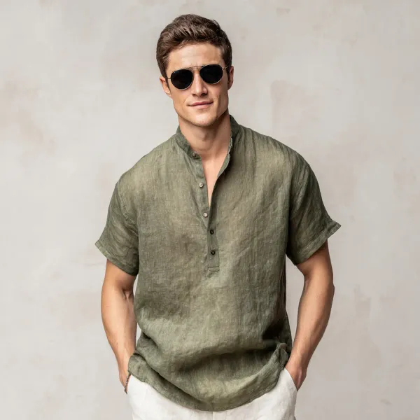The_Versatile_Olive_Green_Half_Sleeve_Linen_Shirt_For_Men