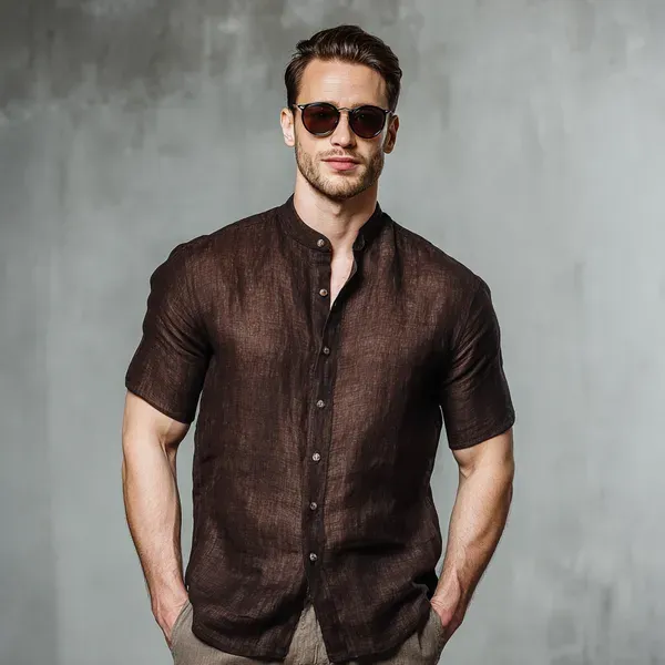 Stitchwa_Rich_Brown_Half_Sleeve_Linen_Shirt_For_Men