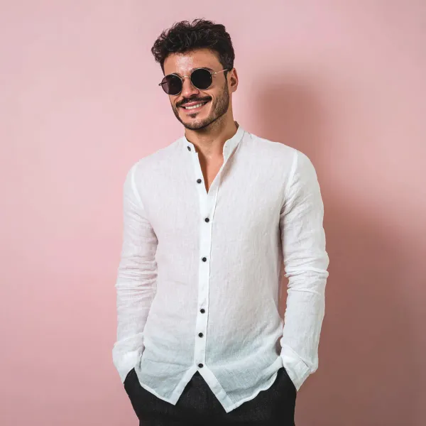 Signature_White_100_Pure_Linen_Mandarin_Collar_Shirt