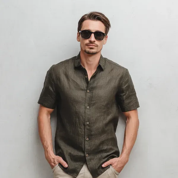 Stitchwa_Dark_Khaki_Green_Half_Sleeve_Linen_Shirt_For_Men