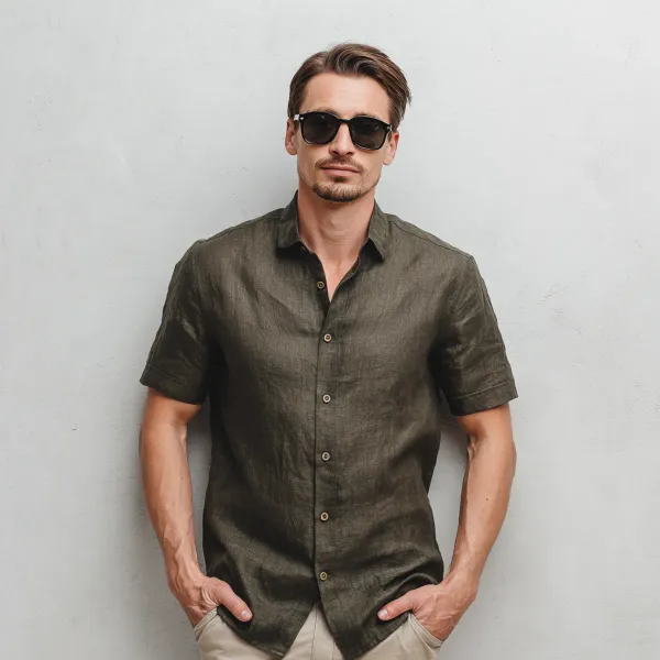 Stitchwa_Dark_Khaki_Green_Half_Sleeve_Linen_Shirt_For_Men