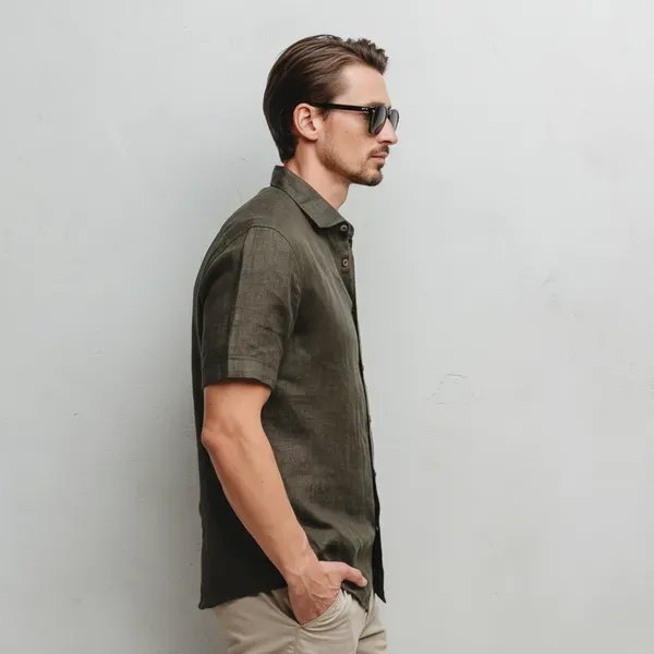 Stitchwa_Dark_Khaki_Green_Half_Sleeve_Linen_Shirt_For_Men