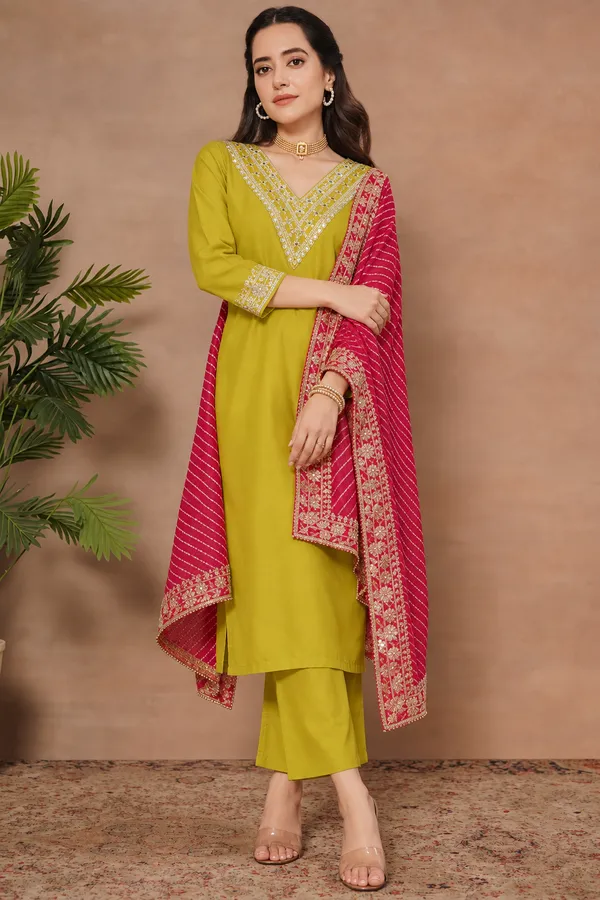 Cotton_Blend_Kurti_Set_With_Bottom_And_Dupatta