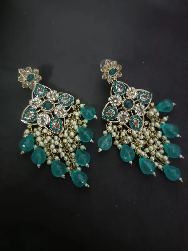 Niharika_Teal_Green_Gold_Plated_Crystals_And_Beads_Chandelier_Earrings