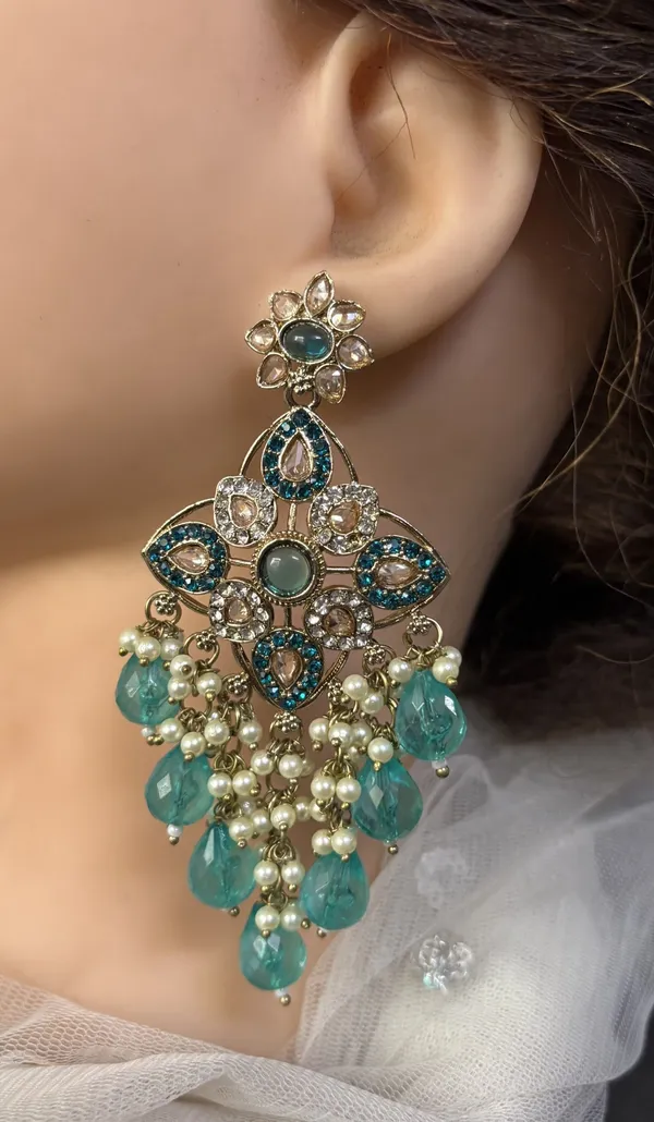 Niharika_Teal_Green_Gold_Plated_Crystals_And_Beads_Chandelier_Earrings