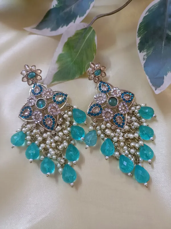 Niharika_Teal_Green_Gold_Plated_Crystals_And_Beads_Chandelier_Earrings