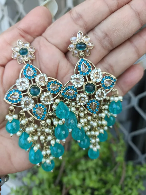 Niharika_Teal_Green_Gold_Plated_Crystals_And_Beads_Chandelier_Earrings