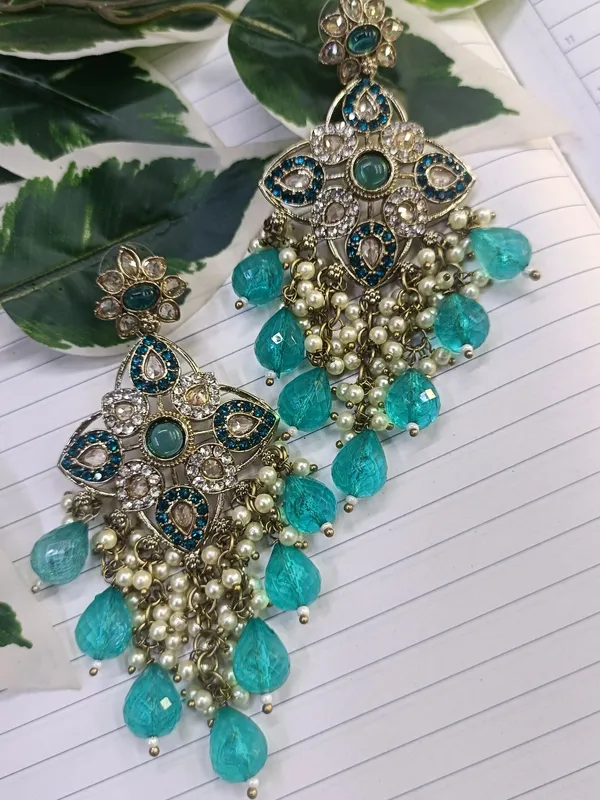 Niharika_Teal_Green_Gold_Plated_Crystals_And_Beads_Chandelier_Earrings