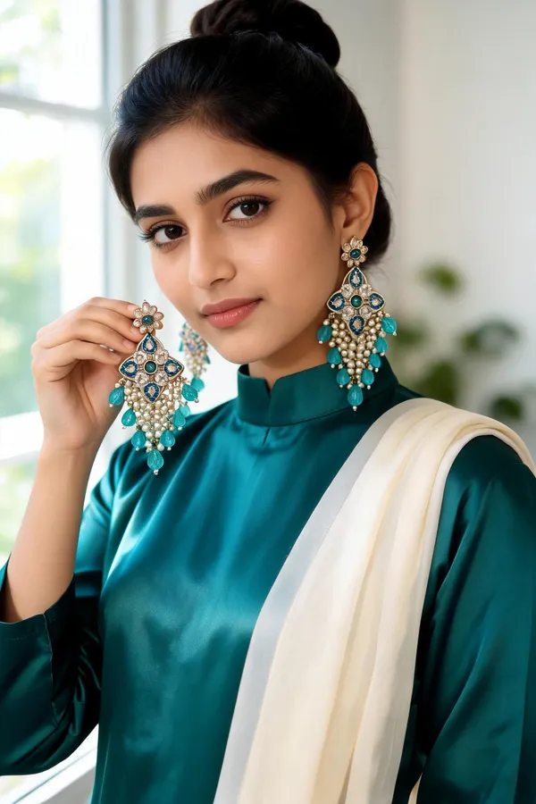 Niharika_Teal_Green_Gold_Plated_Crystals_And_Beads_Chandelier_Earrings