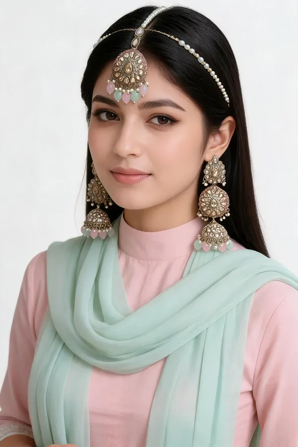 Palaash_Pink_And_Mint_Green_Maangtika_Set