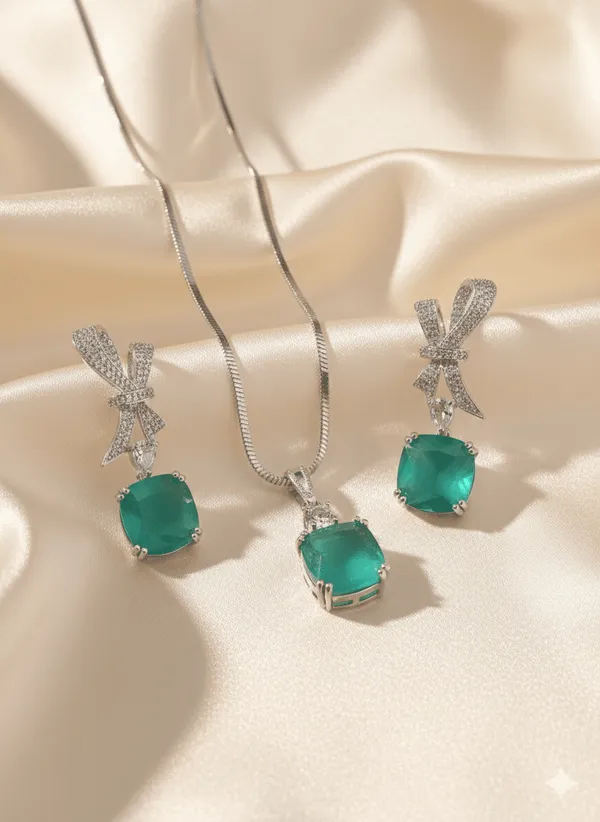 American_Diamond_Elegance_Mint_Green_Bow_Pendant_Set