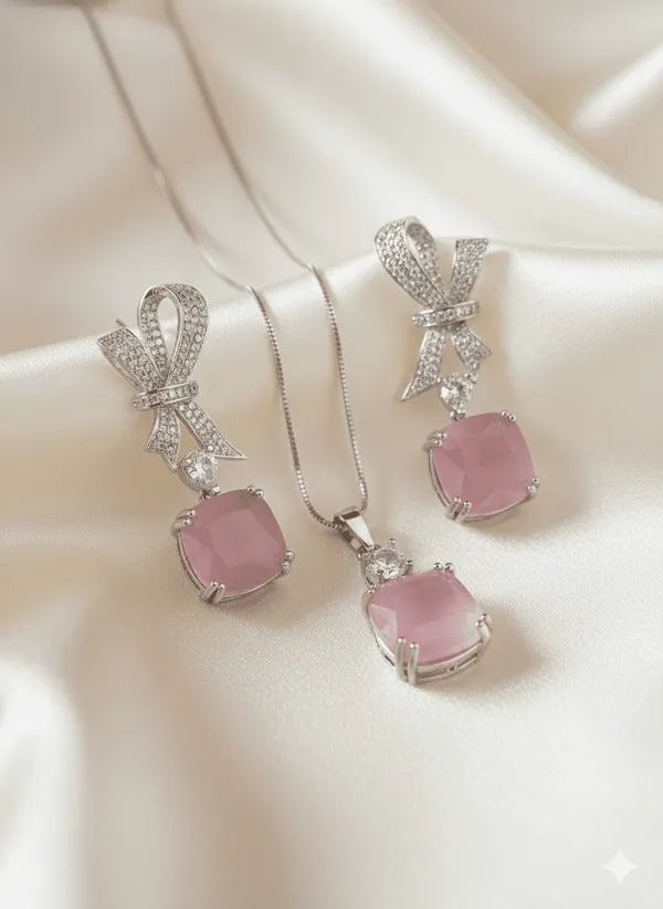 American_Diamond_Pink_Elegance_Bow_Pendant_Set
