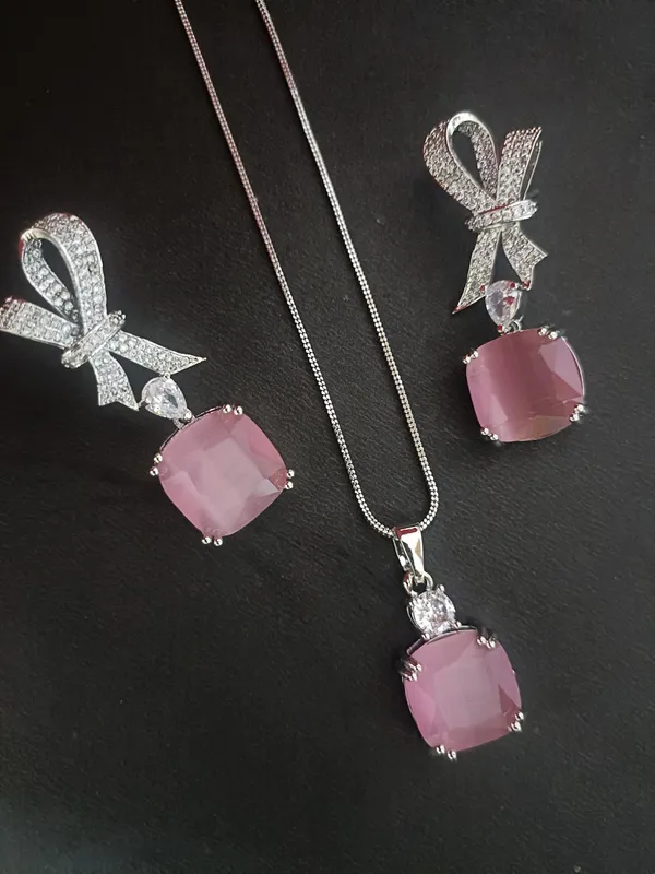 American_Diamond_Pink_Elegance_Bow_Pendant_Set