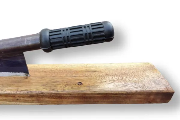 Idol_Heavy_Duty_Vegetable_Fruit_Cutter_For_Pickle_10_Inches_Of_Blue_Coated_High_Carbon_Steel_Blade_2ft_Wooden_Base_Metal_Pipe_Handle_With_Rubber_Grip_Ideal_For_Mango_Jackfruit_More
