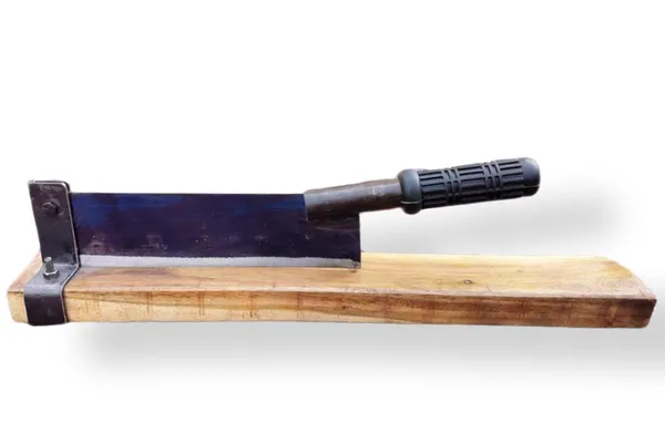 Idol_Heavy_Duty_Vegetable_Fruit_Cutter_For_Pickle_10_Inches_Of_Blue_Coated_High_Carbon_Steel_Blade_2ft_Wooden_Base_Metal_Pipe_Handle_With_Rubber_Grip_Ideal_For_Mango_Jackfruit_More