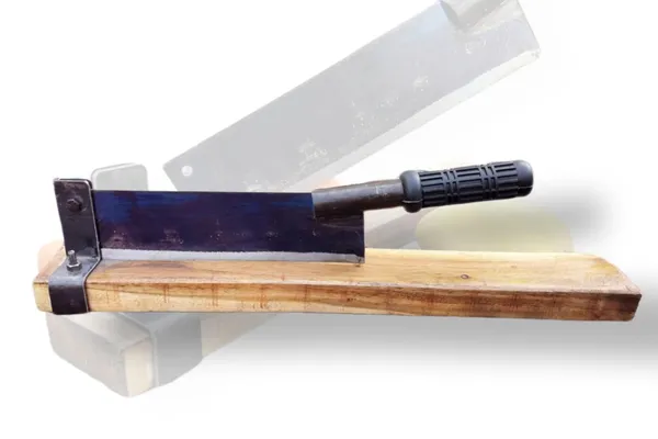 Idol_Heavy_Duty_Vegetable_Fruit_Cutter_For_Pickle_10_Inches_Of_Blue_Coated_High_Carbon_Steel_Blade_2ft_Wooden_Base_Metal_Pipe_Handle_With_Rubber_Grip_Ideal_For_Mango_Jackfruit_More