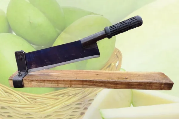 Idol_Heavy_Duty_Vegetable_Fruit_Cutter_For_Pickle_10_Inches_Of_Blue_Coated_High_Carbon_Steel_Blade_2ft_Wooden_Base_Metal_Pipe_Handle_With_Rubber_Grip_Ideal_For_Mango_Jackfruit_More