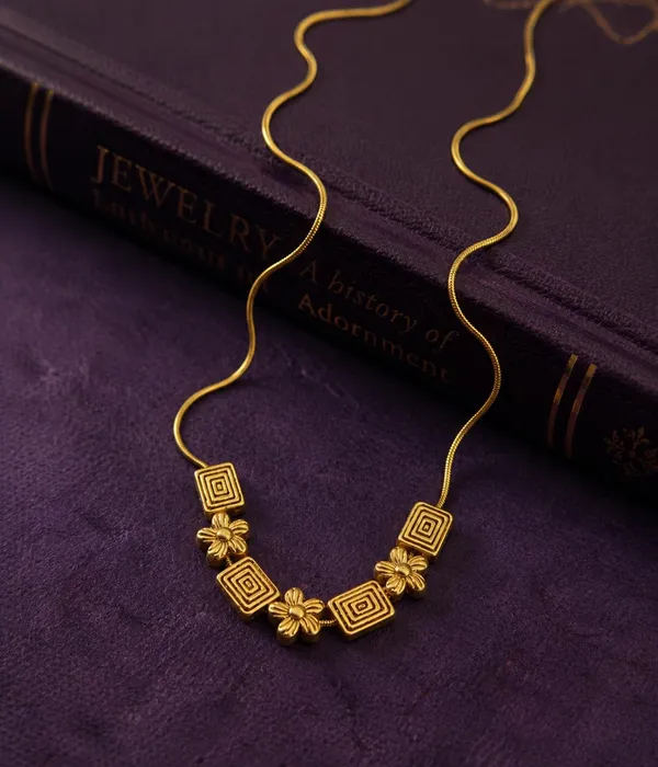 Gold_Plated_Floral_Geometric_Pendant_Necklace_for_Women_|_Elegant_Snake_Chain_Necklace_with_Flower_&_Square_Charms_|_Lightweight_Fashion_Jewelry