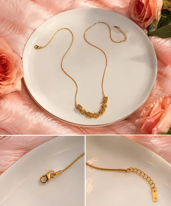 Gold_Plated_Floral_Geometric_Pendant_Necklace_for_Women_|_Elegant_Snake_Chain_Necklace_with_Flower_&_Square_Charms_|_Lightweight_Fashion_Jewelry
