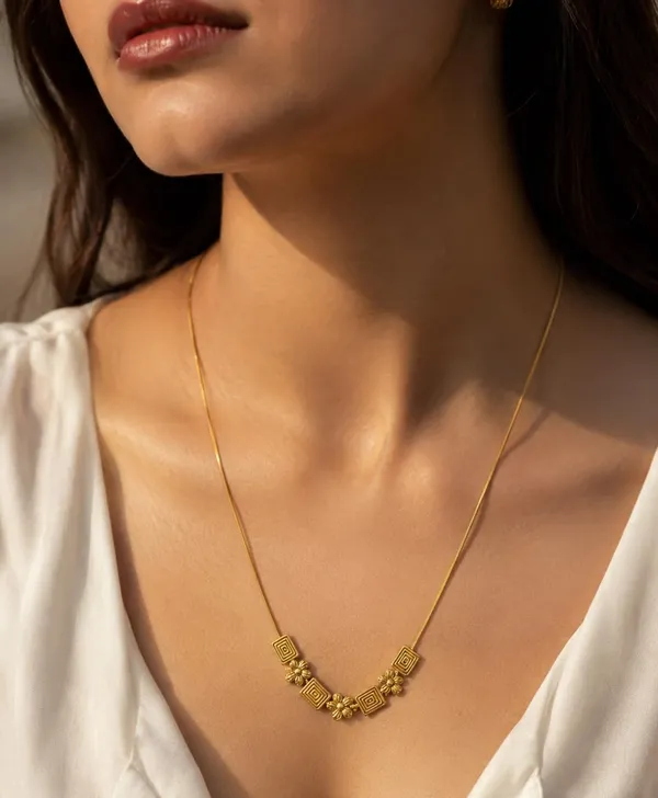 Gold_Plated_Floral_Geometric_Pendant_Necklace_for_Women_|_Elegant_Snake_Chain_Necklace_with_Flower_&_Square_Charms_|_Lightweight_Fashion_Jewelry