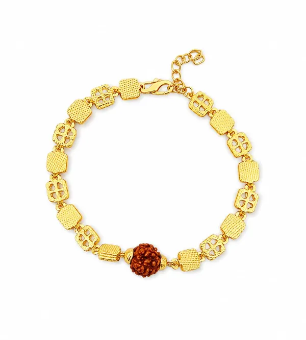 Gold-Toned_Rudraksha_Bead_Bracelet_with_Textured_Square_Links