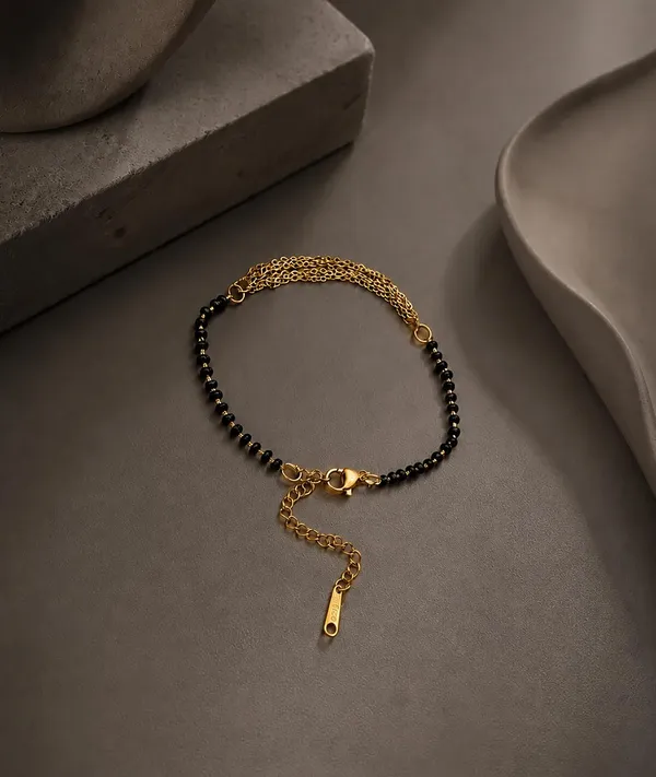 SHANKHRAJ_MALL_Black_Beaded_Gold-Tone_Chain_Bracelet,_Traditional_Mangalsutra_Style,_Lobster_Clasp
