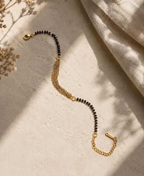 SHANKHRAJ_MALL_Black_Beaded_Gold-Tone_Chain_Bracelet,_Traditional_Mangalsutra_Style,_Lobster_Clasp