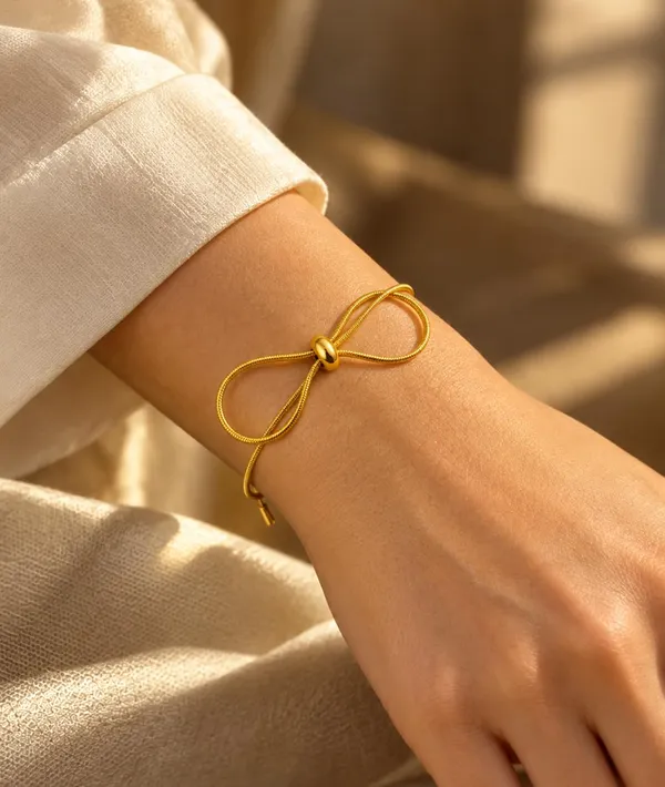 SHANKHRAJ_MALL_Gold_Bow_Bracelet,_Adjustable_Snake_Chain_with_Bead_Accent