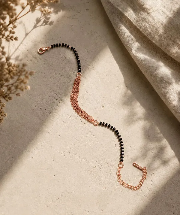 SHANKHRAJ_MALL_Black_Beaded_Rose_Gold_Chain_Mangalsutra_Bracelet,_Multi-Strand_Style_with_Lobster_Clasp