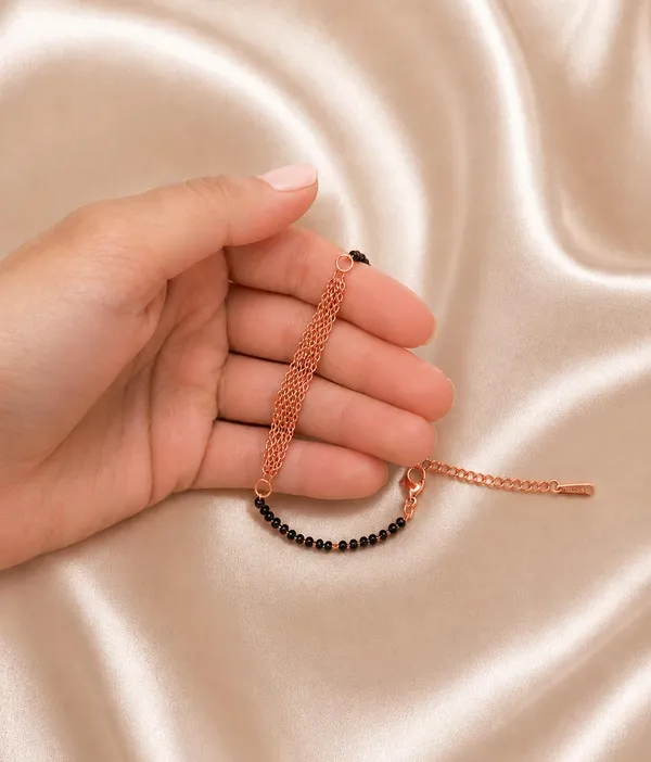 SHANKHRAJ_MALL_Black_Beaded_Rose_Gold_Chain_Mangalsutra_Bracelet,_Multi-Strand_Style_with_Lobster_Clasp