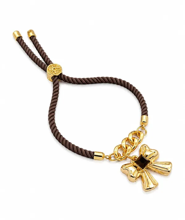 Adjustable_Twisted_Thread_Charm_Bracelet_for_Women_&_Girls_|_Gold-Tone_Chain_Bracelet_with_Baby_Feet,_Butterfly_&_Cross_Charms_|_Fashion_Handmade_Friendship_Bracelet_(COFFEE)