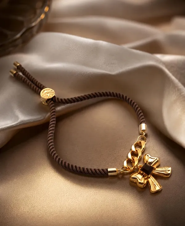 Adjustable_Twisted_Thread_Charm_Bracelet_for_Women_&_Girls_|_Gold-Tone_Chain_Bracelet_with_Baby_Feet,_Butterfly_&_Cross_Charms_|_Fashion_Handmade_Friendship_Bracelet_(COFFEE)