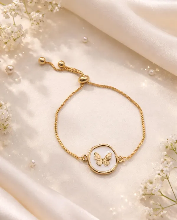 Gold-Tone_Butterfly_Charm_Bracelet,_White_Enamel_Round_Pendant,_Adjustable_Box_Chain