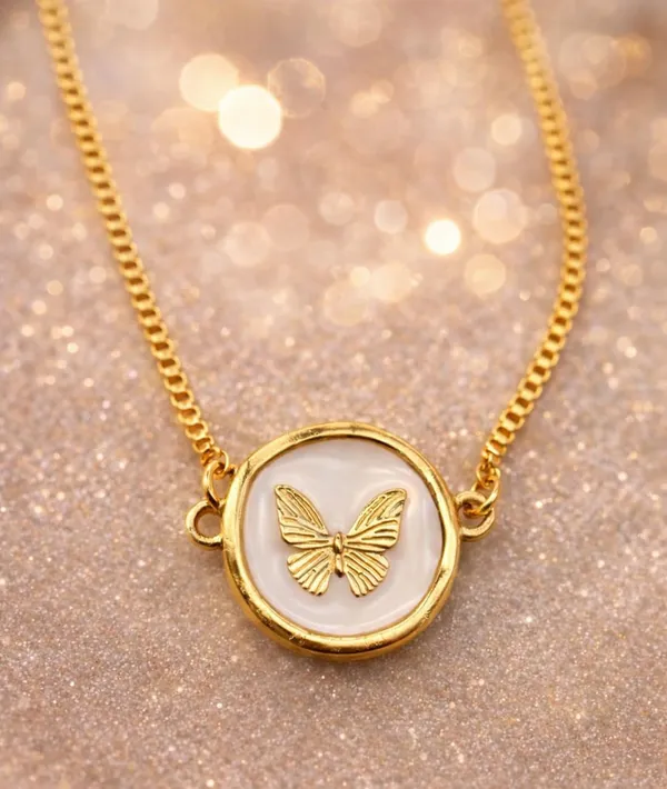 Gold-Tone_Butterfly_Charm_Bracelet,_White_Enamel_Round_Pendant,_Adjustable_Box_Chain