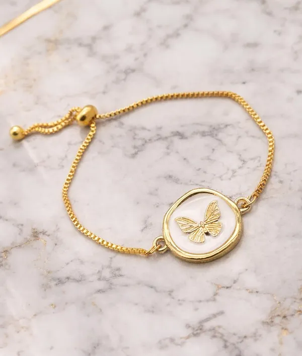 Gold-Tone_Butterfly_Charm_Bracelet,_White_Enamel_Round_Pendant,_Adjustable_Box_Chain