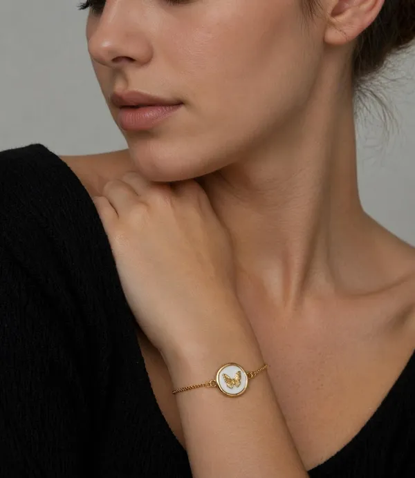 Gold-Tone_Butterfly_Charm_Bracelet,_White_Enamel_Round_Pendant,_Adjustable_Box_Chain