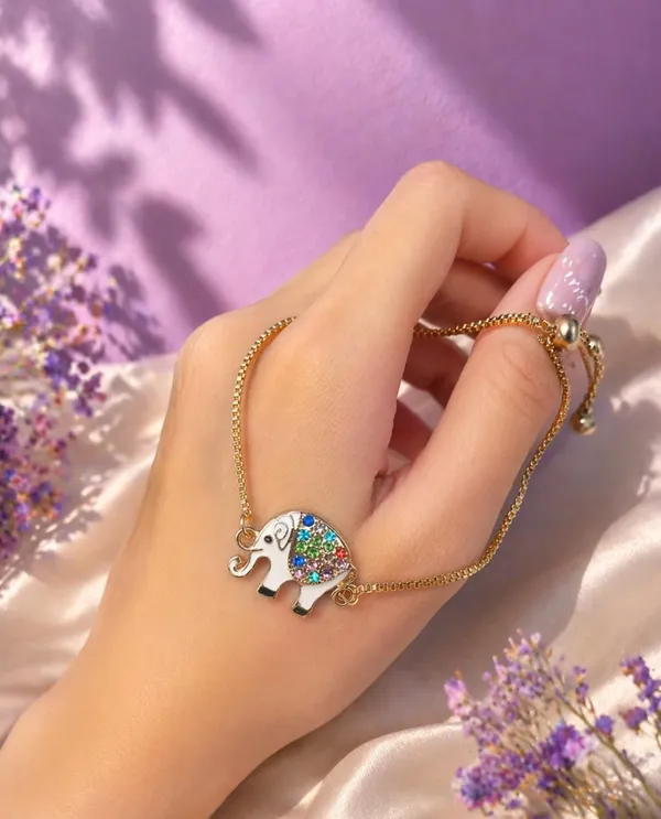 Elephant_Charm_Bracelet,_Gold-Tone_Box_Chain,_Multicolour_Crystal_Embellished,_Adjustable_Slider_Closure