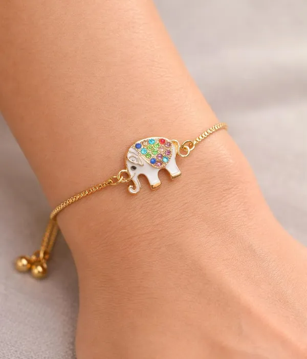 Elephant_Charm_Bracelet,_Gold-Tone_Box_Chain,_Multicolour_Crystal_Embellished,_Adjustable_Slider_Closure