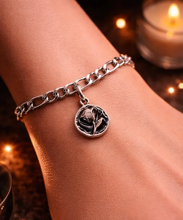 Silver_Tone_Flower_Charm_Bracelet_for_Women_|_Designer_Chain_Bracelet_with_Black_Enamel_Flower_Pendant_|